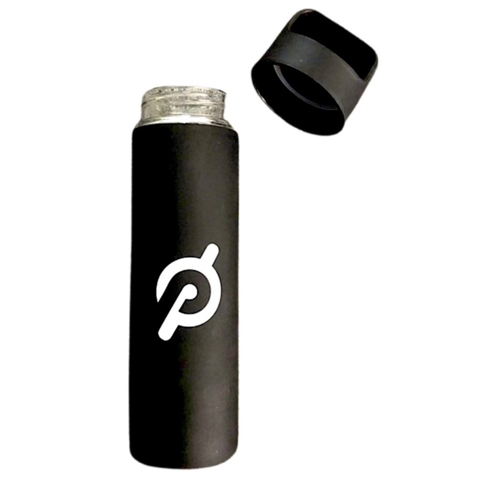Peloton black, rubberized glass water bottle. Unscrew lid